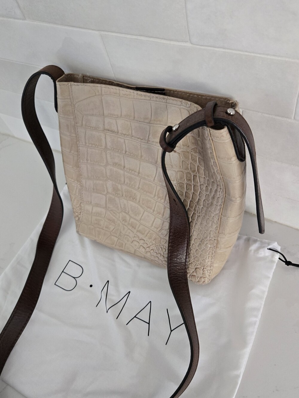 B. May Bucket Messenger Cream Khaki Croc-Embossed Gator Crossbody Bag Purse